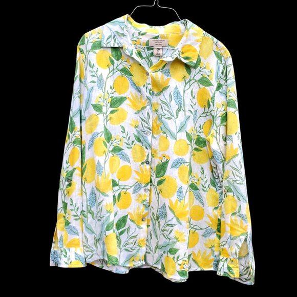 Martha Stewart 100% Linen Lemon Print Collared Blouse Long Sleeve L XL - Picture 6 of 8